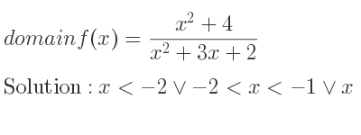 The domain of f(x)=(x^2+4)/(x^2+3x+2) is x<-2\lor-2<x<-1\lor x>-1
